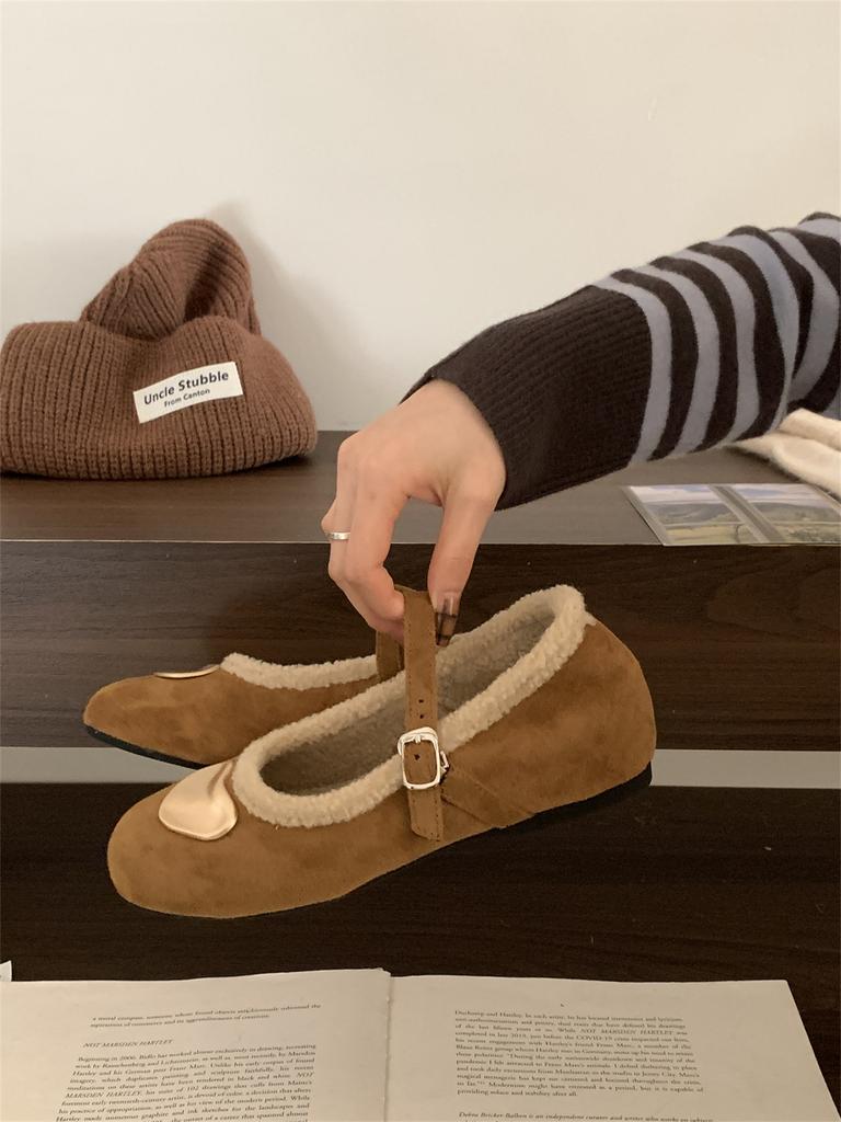 Französische Pailletten-Ein-Wort-Schnalle mit Samt-Mary-Jane-Einzelschuhen Damen 2025 Herbst und Winter neue Lammwolle flachsohlige Ballerinas