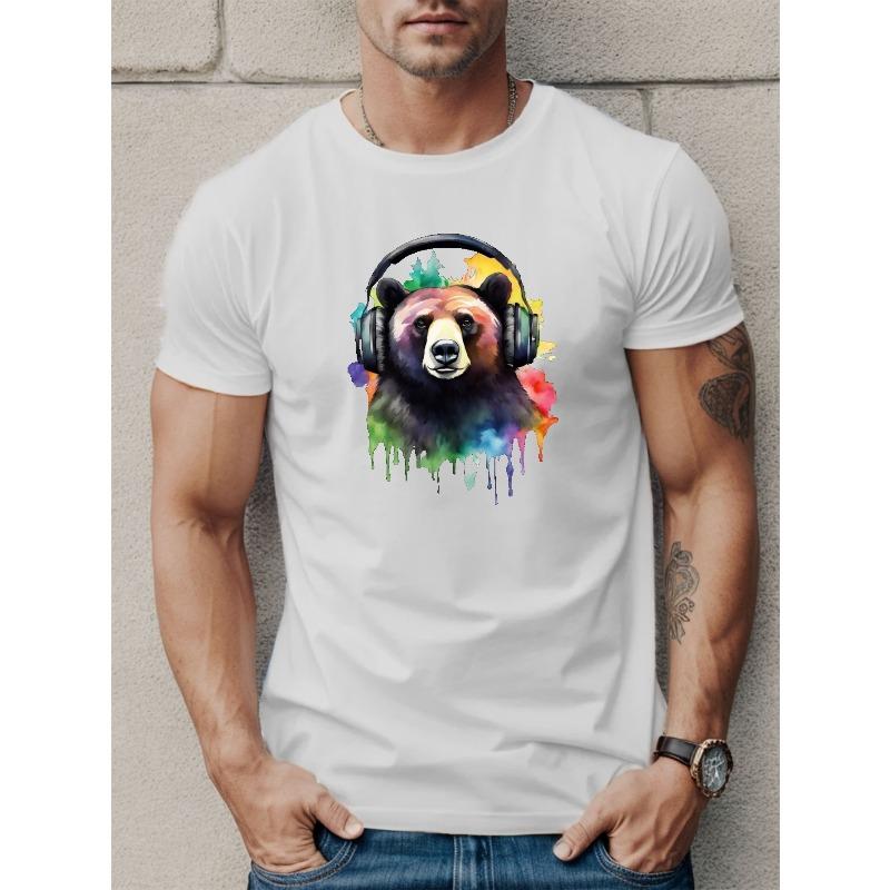Ευρωπαϊκά μεγέθη Ανδρικό Casual T-shirt με Γραφικό Αρκούδα με Ακουστικά - Μαλακό Πολυεστέρας, Στρογγυλή Λαιμόκοψη, Κοντομάνικο T-shirt για Καλοκαίρι & Όλες τις Εποχές