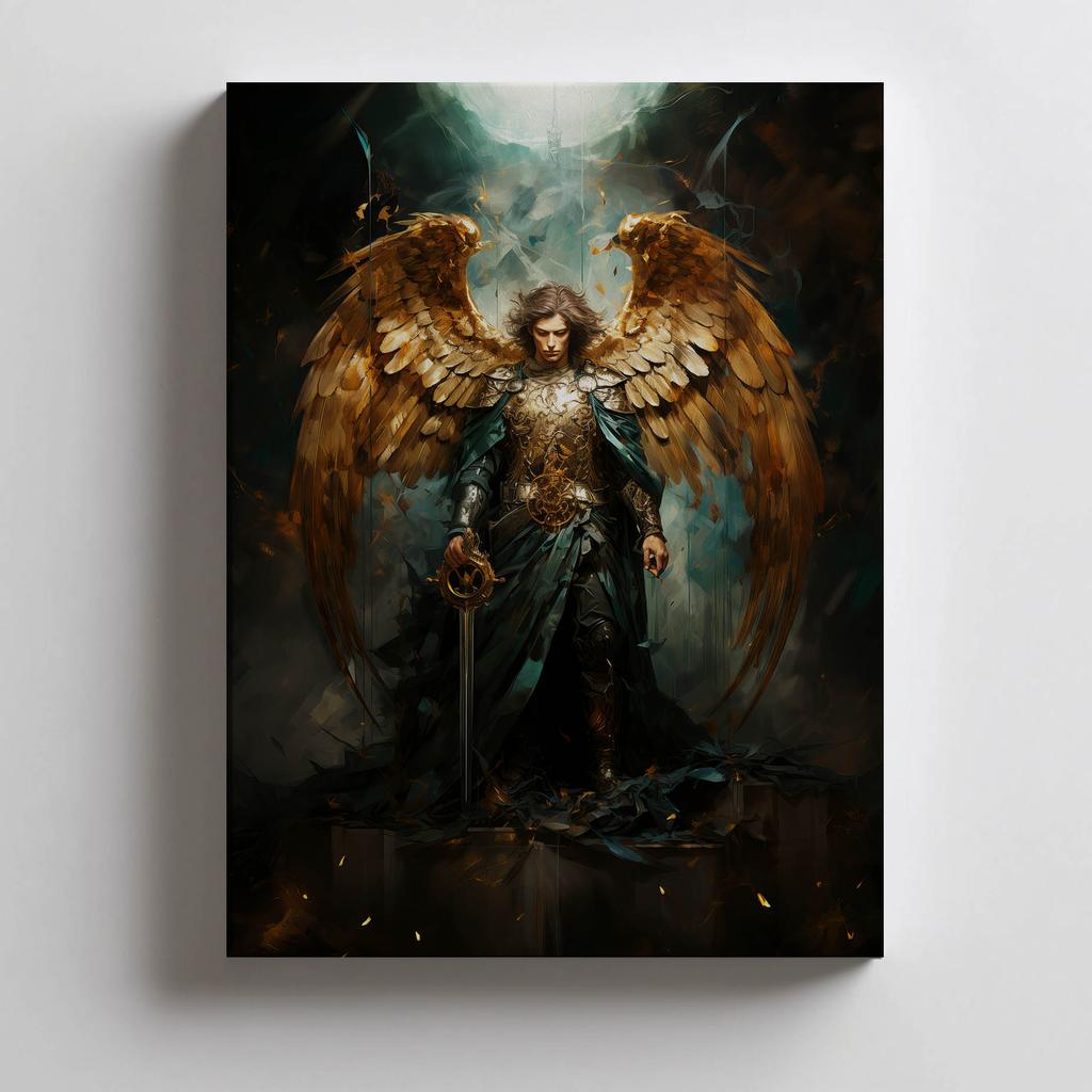 Plakat Święty Michał Archanioł: Blask Złotego Miecza Plakat Święty Michał Archanioł: Blask Złotego Miecza, 30X40 Cm, Rama Aluminiowa Czarna, Papier Ma