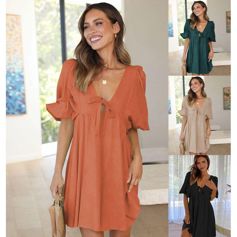 

Мода Новое поступление Amazon Независимый сайт Красный стиль Летнее Сексуальное V-образный вырез Модное Повседневное платье с V-образным вырезом и оборками Red XL