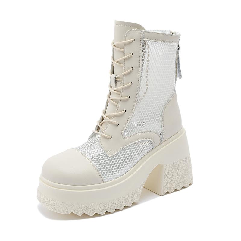 10Cm cowhide thick-soled net boots women's 2025 spring and summer new hollow Martin boots small man looks tall and thin Martin boots