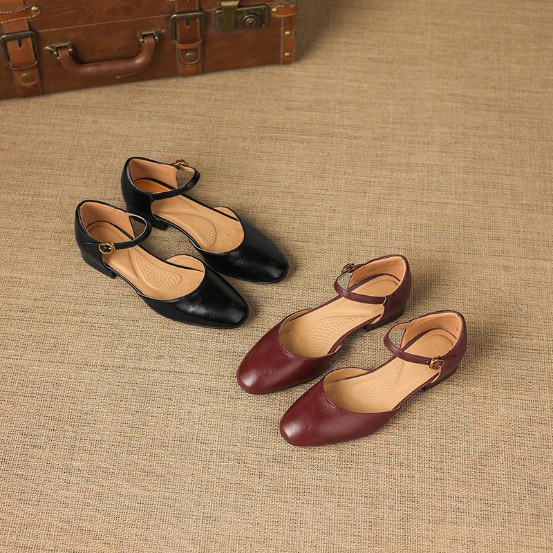 Krazing Pot Cow Skin Round Toe Low Heels Summer Shoes Big Size 42 Ankle Straps Women Pumps