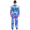 Mens Alien Robot Costume Retro Space Theme Long Sleeve Jumpsuit Shiny Metallic Halloween Party Outfit