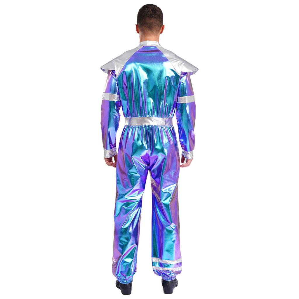 Mens Alien Robot Costume Retro Space Theme Long Sleeve Jumpsuit Shiny Metallic Halloween Party Outfit
