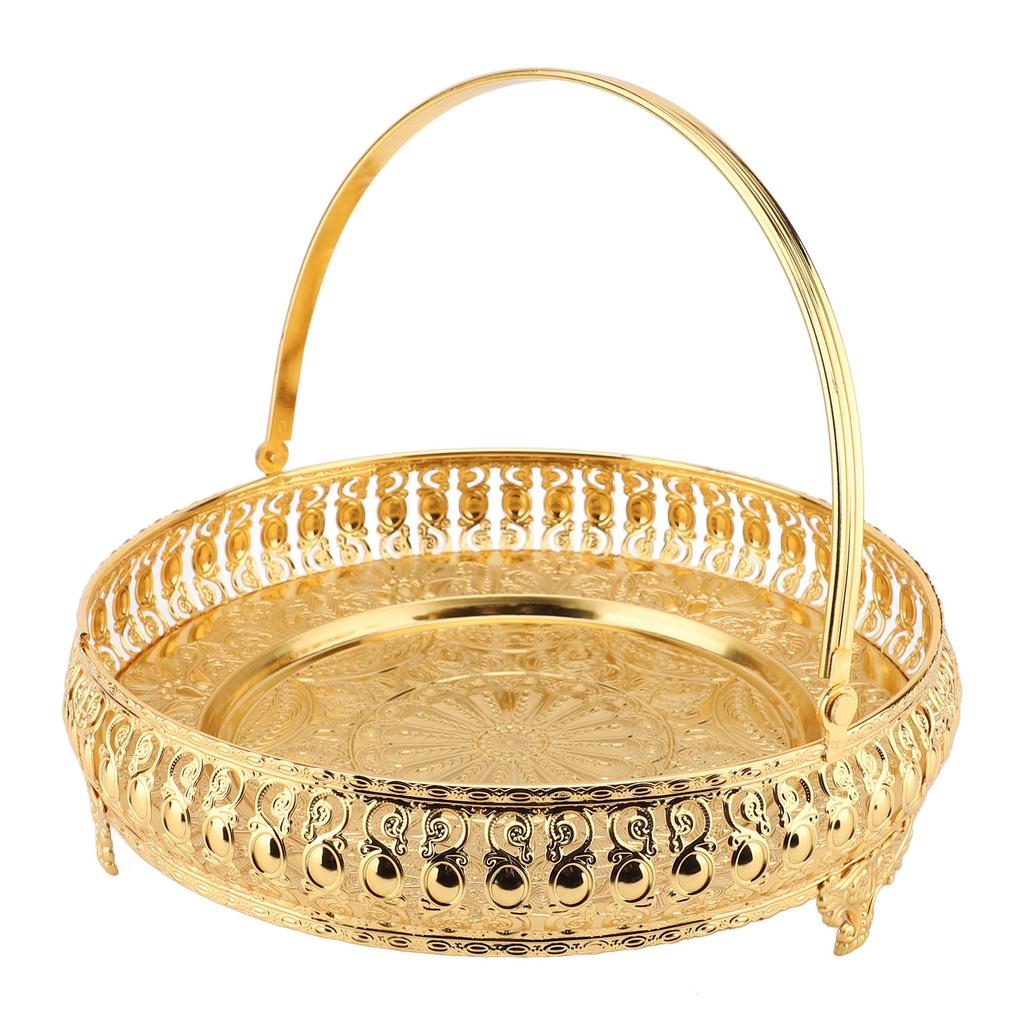 Retro Round Fruit Tray Exquisite Decorative Large Capacity Alloy Dessert Plate with Handle for