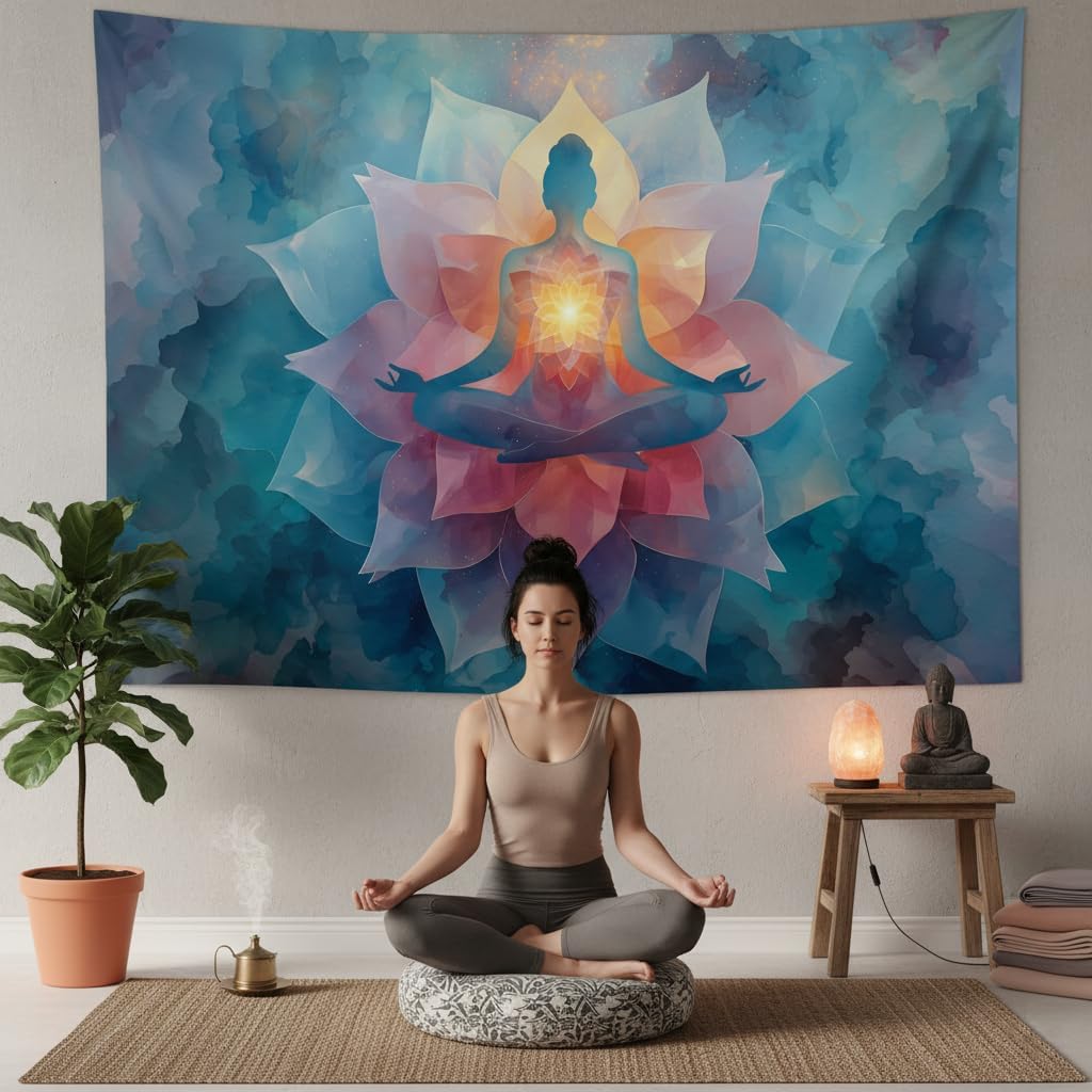YJDYJD Meditation Wall Tapestry – Spiritual Chakra Wall Hanging with Lotus Flower Design, Mindfulness Yoga Wall Art and Boho Spiritual Decor for