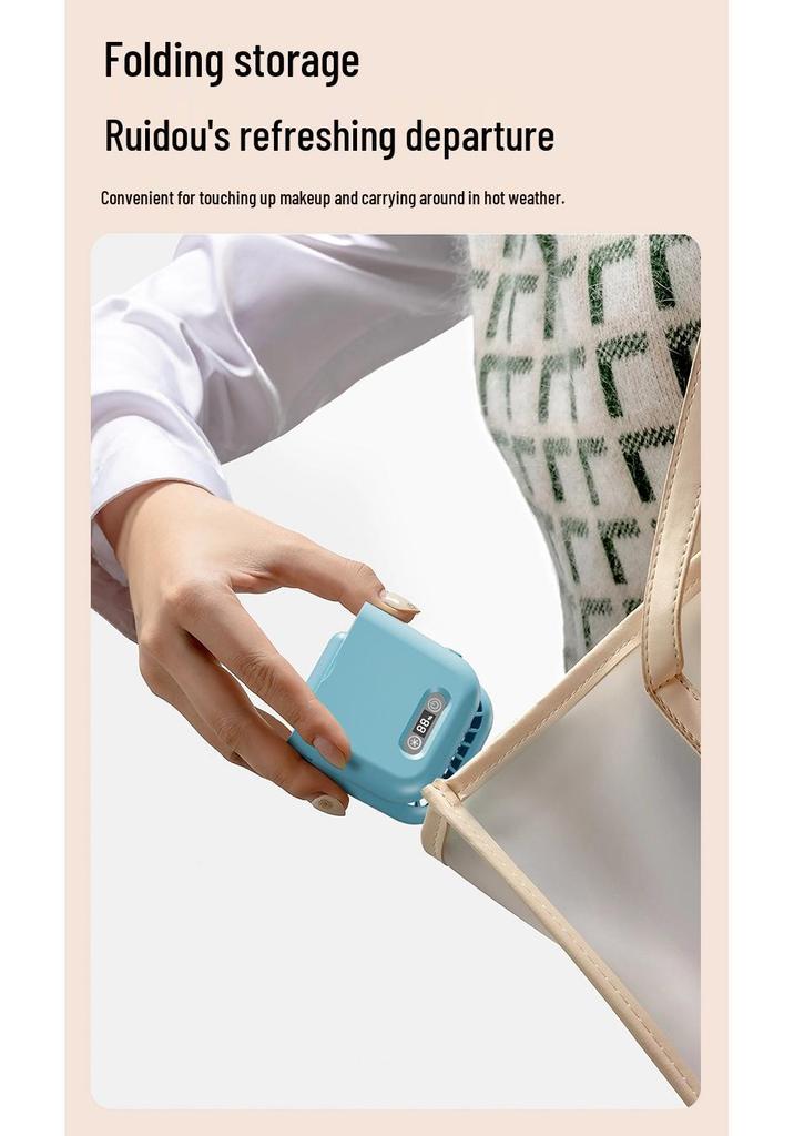 Portable Neck-Hanging USB Fan with Foldable Stand and Makeup Mirror