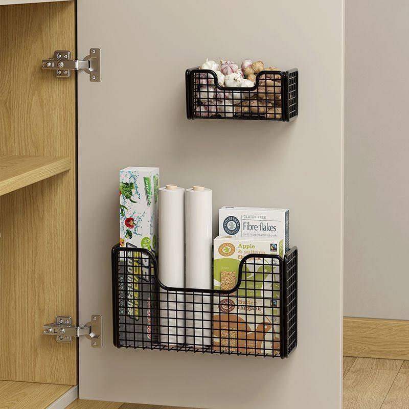 Black White Iron Wall-Mounted Storage Box with Punch-Free Installation - Baskets for Kitchen and Bathroom