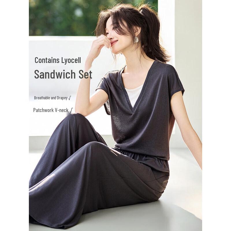 

Women s V-Neck Color Block Wide-Leg Pants Set S