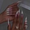 24PCS Spice Girls False Nails Simple White French with Glitter Diamonds Long Stiletto Press On Nails Acrylic Wearable Fake Nails