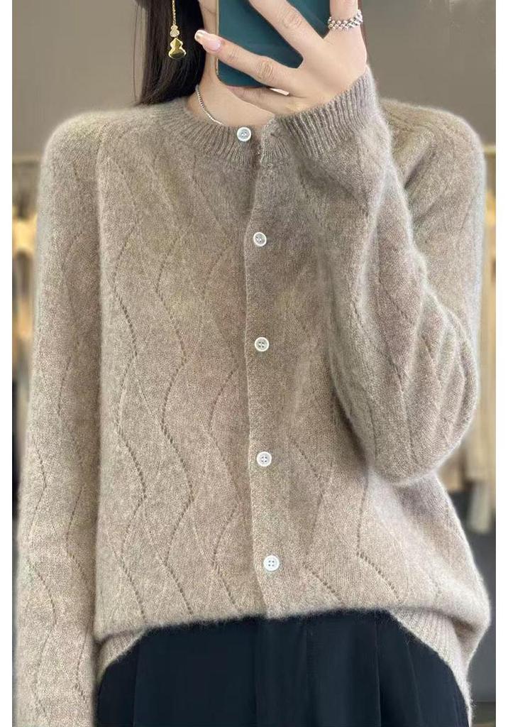 2025 Women's Australian Wool Hollow Twist Knit Cardigan - Round Neck, Buttoned, Loose Fit, Slimming Sweater for Autumn/Winter