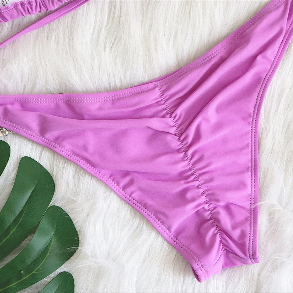 Maillot de bain bikini sexy à bretelles de couleur unie pour la plage, maillot de bain en strass