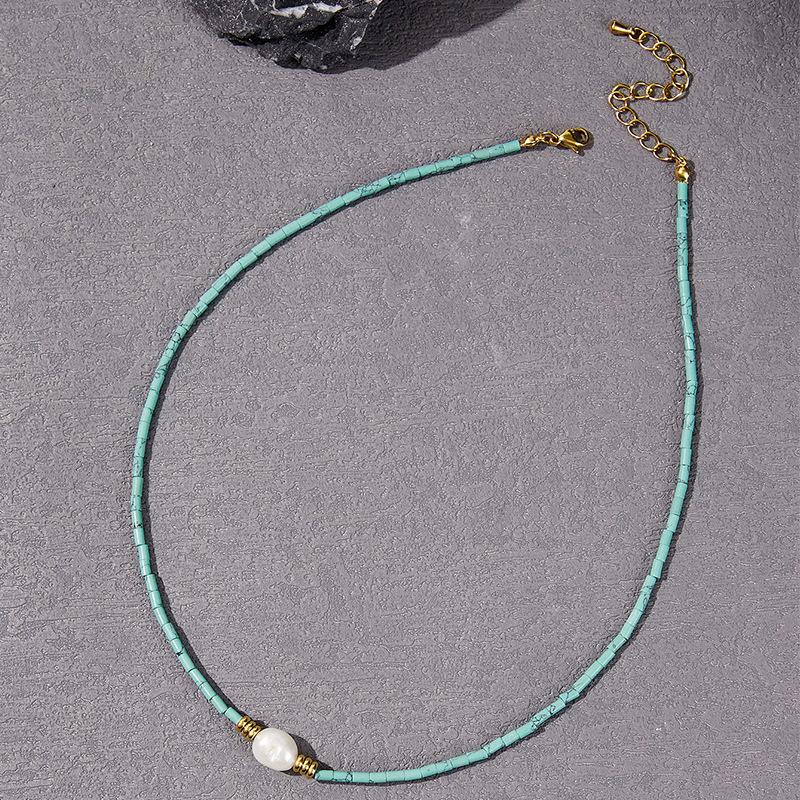 GEMCHIC Women s Vintage Blue Turquoise Beaded Necklace with Freshwater Pearl and Gold Chain
