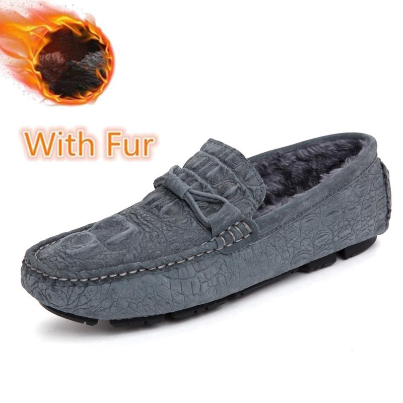 Crocodile Pattern Loafers Men Fashion Slip on Shoes New Comfy Men's Flats Genuine Leather Man Casual Shoes Warm Winter Moccasins