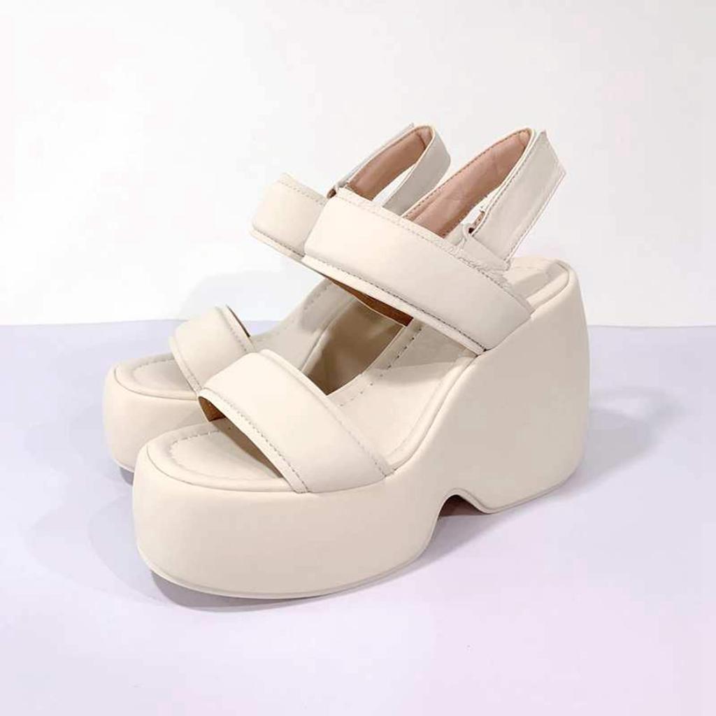 Krazing Pot Sheepskin Peep Toe Thick High Heels Platform Summer Shoes Hook Loop Casual Women Sandals