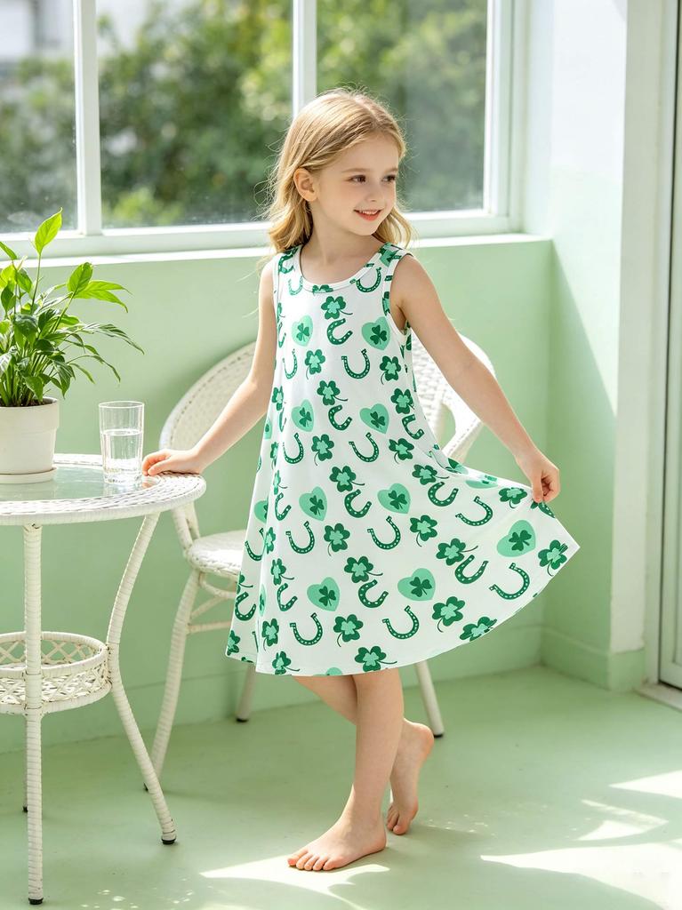 Sleeveless Little Kids Dress, Green Comfortable and Soft A Line Sundress Holiday Gift Age 2T-8Y