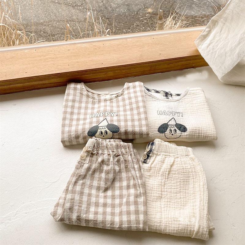 Baby Cotton Linen Clothes Set Plaid Cartoon Casual Tops + Pants 2pcs Baby Set Cute Boy Girls Comfortable Infant Outfits