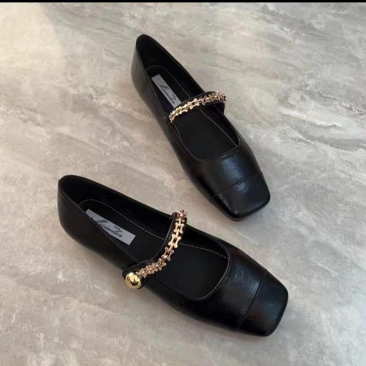 One-word Buckle Brown Single Shoes Women's New Spring and Autumn Flat Shoes Square Head Mary Jane Women's Shoes