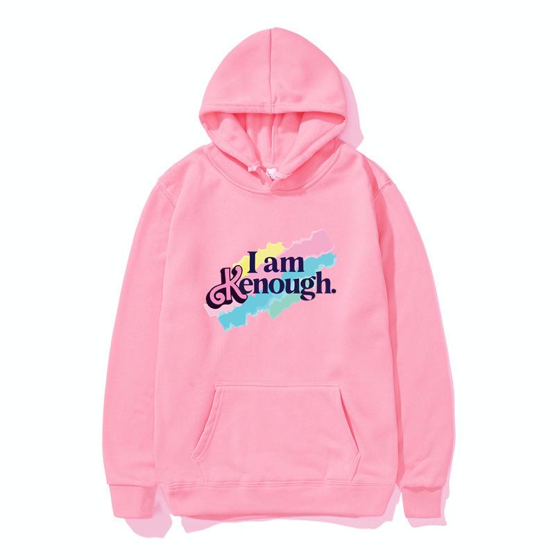 Unisex 'I Am Kenough' Rainbow Print Loose Hooded Sweatshirt - Black