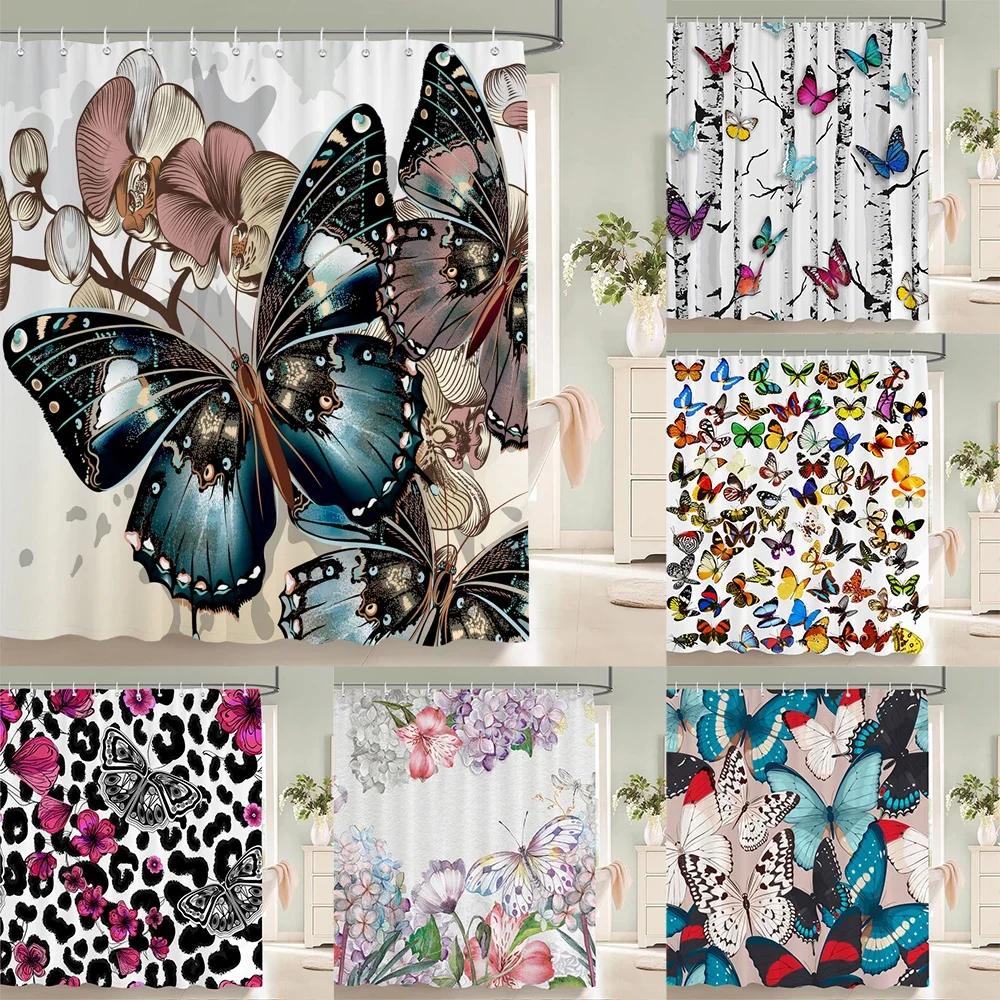 Beautiful Flowers Shower Curtain Butterfly Birds Printed Bathroom Curtains Polyester Fabric Home Decor Bathtub Screen with Hooks