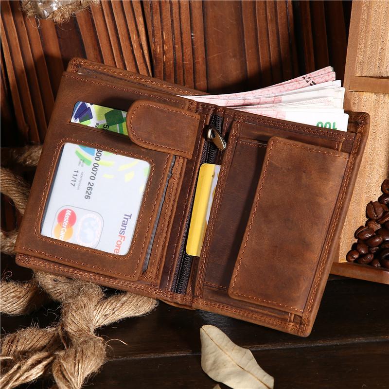 Men's Leather Vertical Wallet, Crazy Horse Wallet, Trendy Layer, Cowhide Wallet, Retro Style, Student Wallet