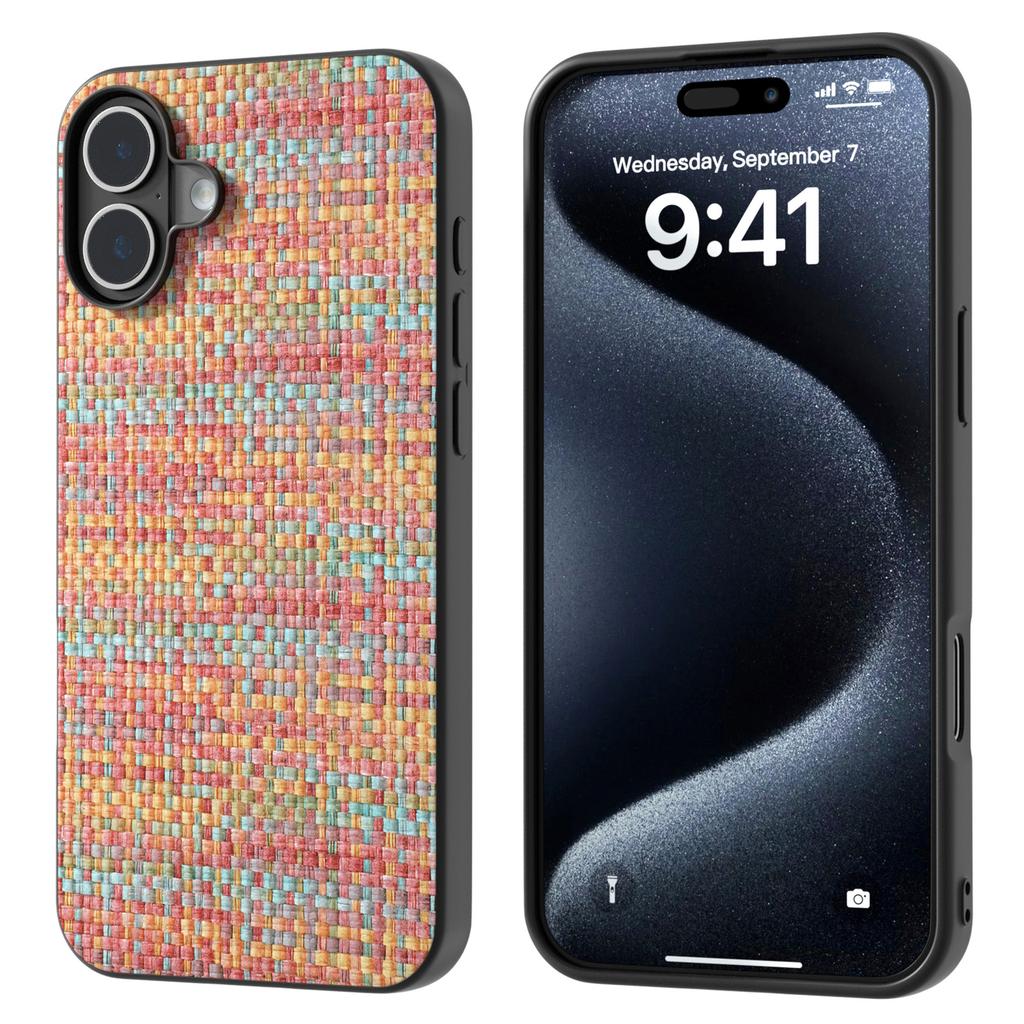 For iPhone 16 Plus Case Plaid Texture PU Leather Coated PC+TPU Phone Cover
