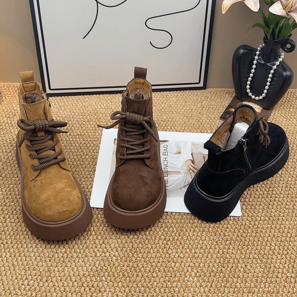 Lace-up High-top Snow Boots Versatile Waterproof Cotton Shoes Women's Shoes Suede Short Boots Winter Non-slip Martin Boots
