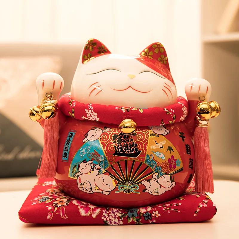 7 inch Ceramic Lucky Cat Statue Maneki Neko Porcelain Fortune Cats Figure Money Bank Feng Shui Decor Ornament Home Centerpiece