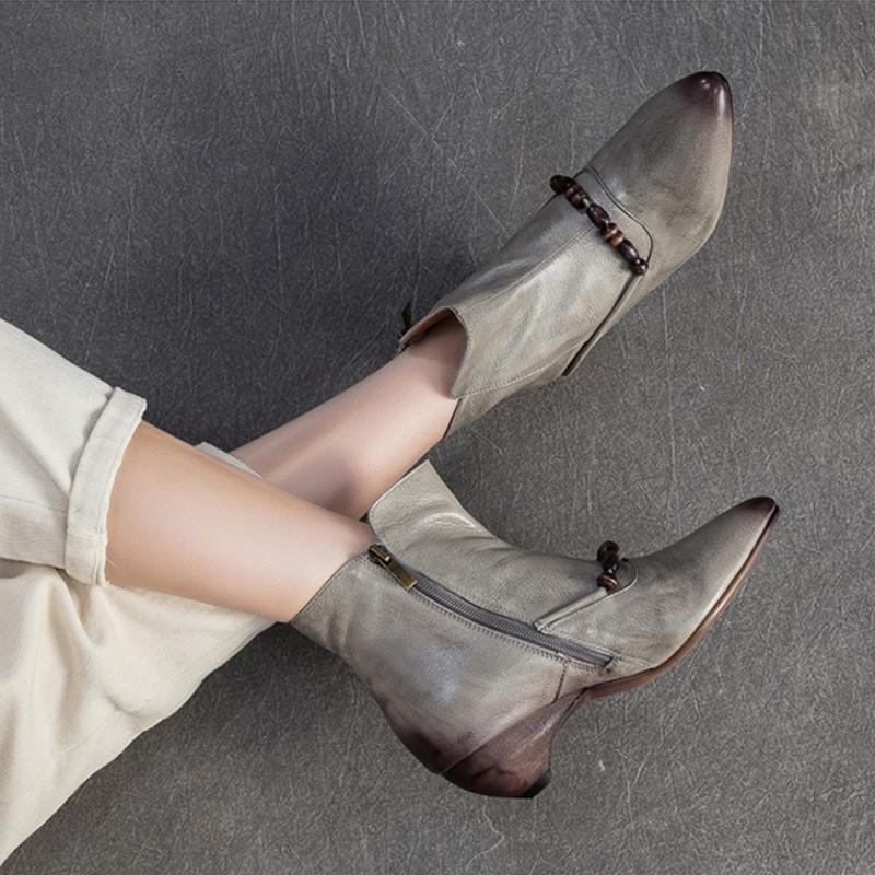 Johnature Genuine Leather Pointed Toe Ankle Boots Fashionable Versatile Mid Heeled Women's Shoes