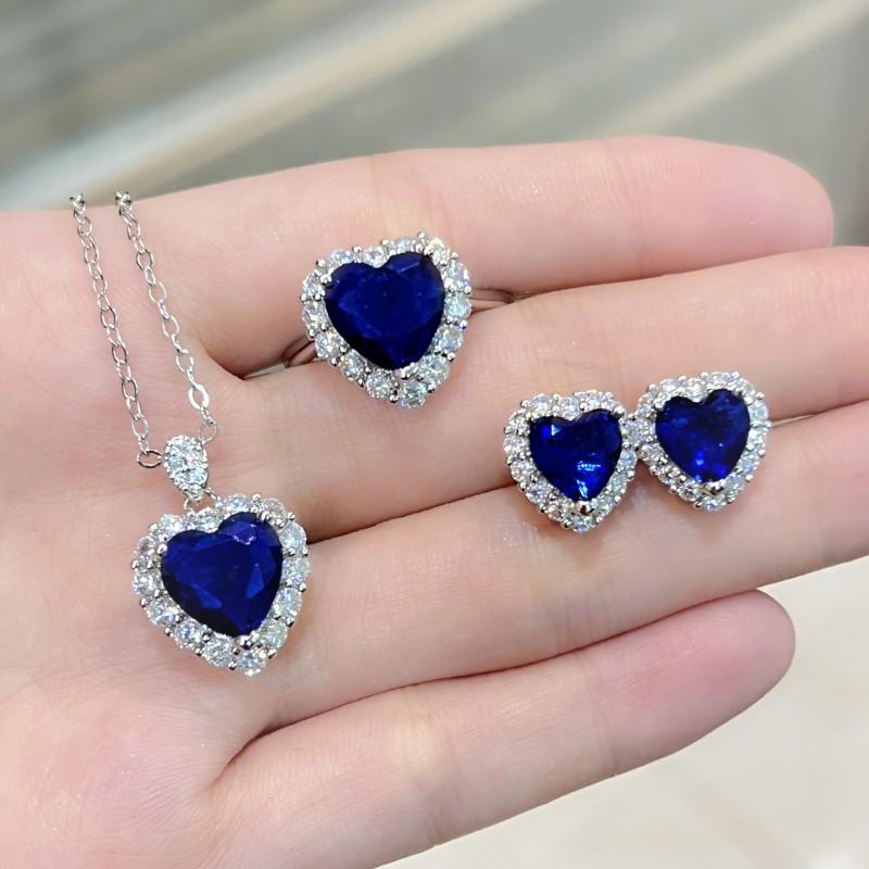 Elegant CZ Gemstone Pendant Necklace Set With Earrings Ring Women Blue Red Yellow Green Purple White Zircon Jewelry