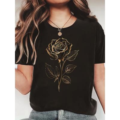 Europäische Größe T-Shirt mit Goldener Rose und Blattdruck - Lässig Rundhals Kurzarm, Ganzjahreskomfort, Tägliches Tragen und Partys, Damen T-Shirts,