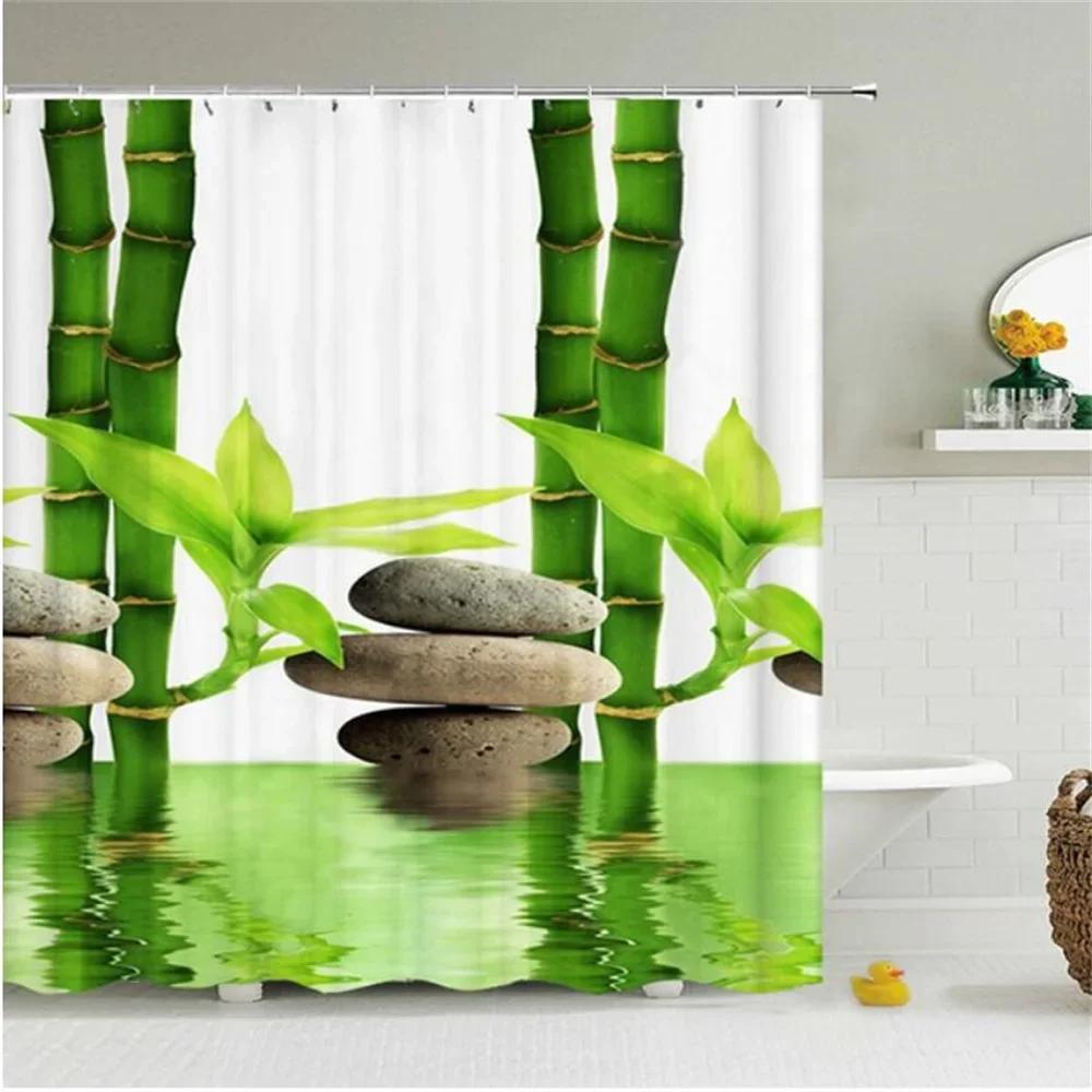 Zen Green Bamboo Shower Curtains Stone Buddha Lotus Candle Asian Japanese Spa Garden Scenery Bath Curtain Fabric Bathroom Decor