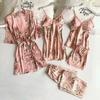 Lace-Trimmed Five-Piece Women's Pajama Set with Loose Comfortable Fit - Includes Camisole and Robe.