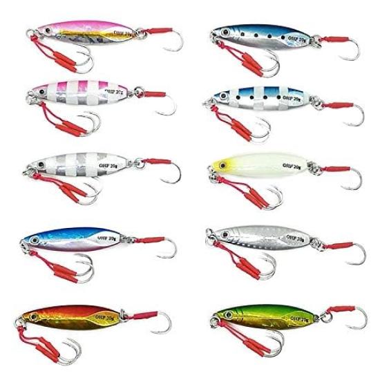 

OHF Metal Jig Set 10g 15g 20g 30g 40g Metal Jig Set with Assist Hooks 10 Piece Set Slow Jigging Piece (20g/10 Set)