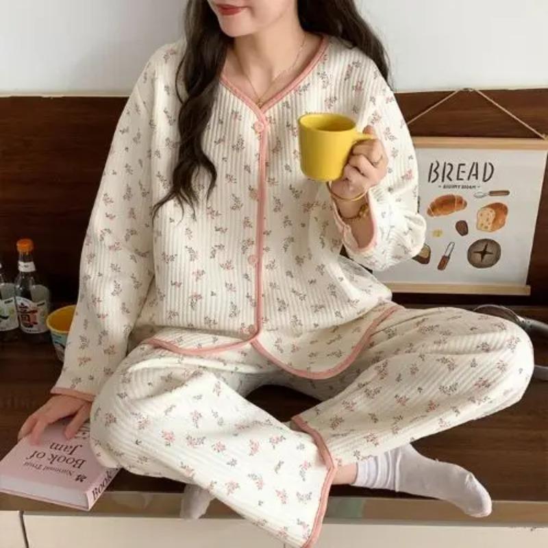 Heart Print Sleepwear Women Pajama Sets Korean Piiama Ruffles Pants Sets for Women 2 Pieces Autumn Night Wears Button Home Suit