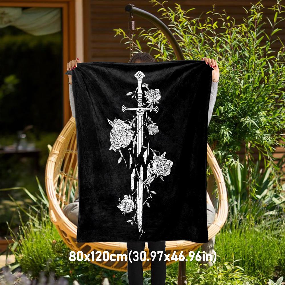 1pc sword, roses, tattoo  - Throw Blanket, Soft, Flannel Blankets, Living Room,  All Seasons Use-1021087 80x120cm