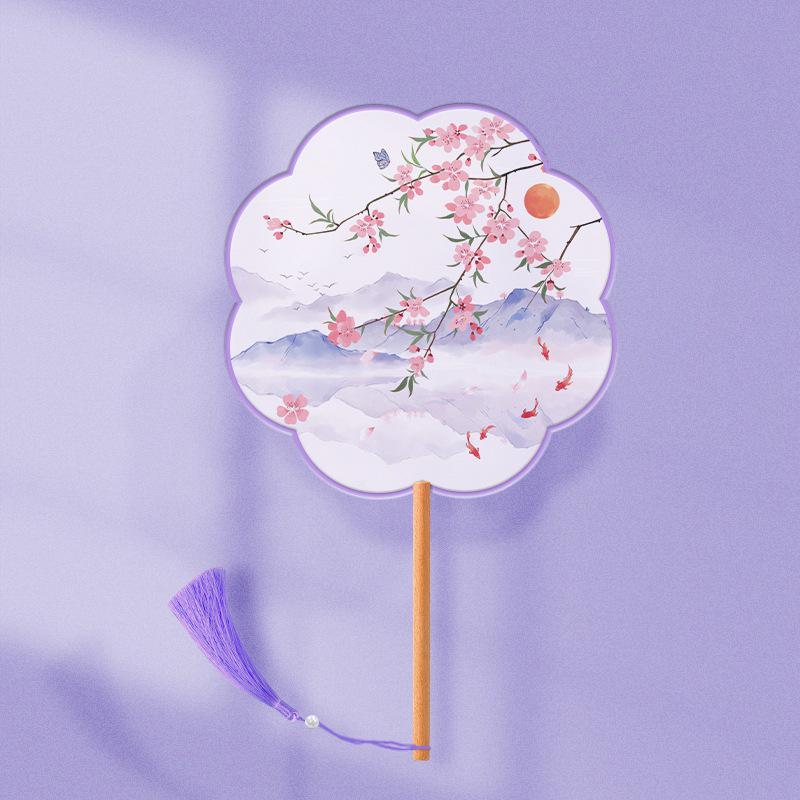 Translucent Embroidered Long-Handled Round Fan for Children's Hanfu and Cheongsam Costumes