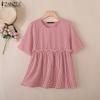 ZANZEA Women Casual Round Neck Summer Short Sleeve Plaid Print Blouse