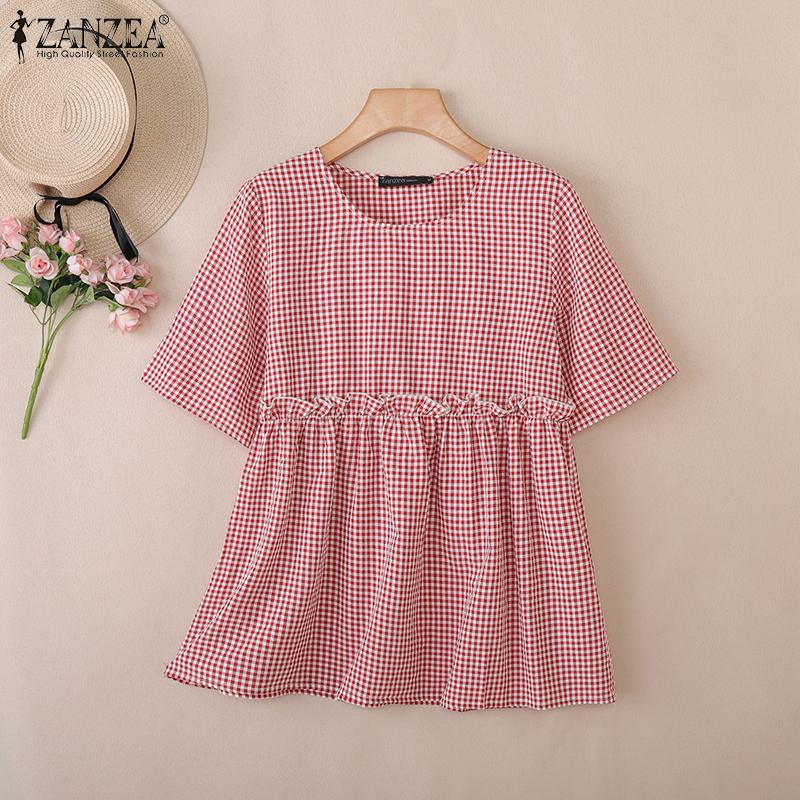 ZANZEA Women Casual Round Neck Summer Short Sleeve Plaid Print Blouse