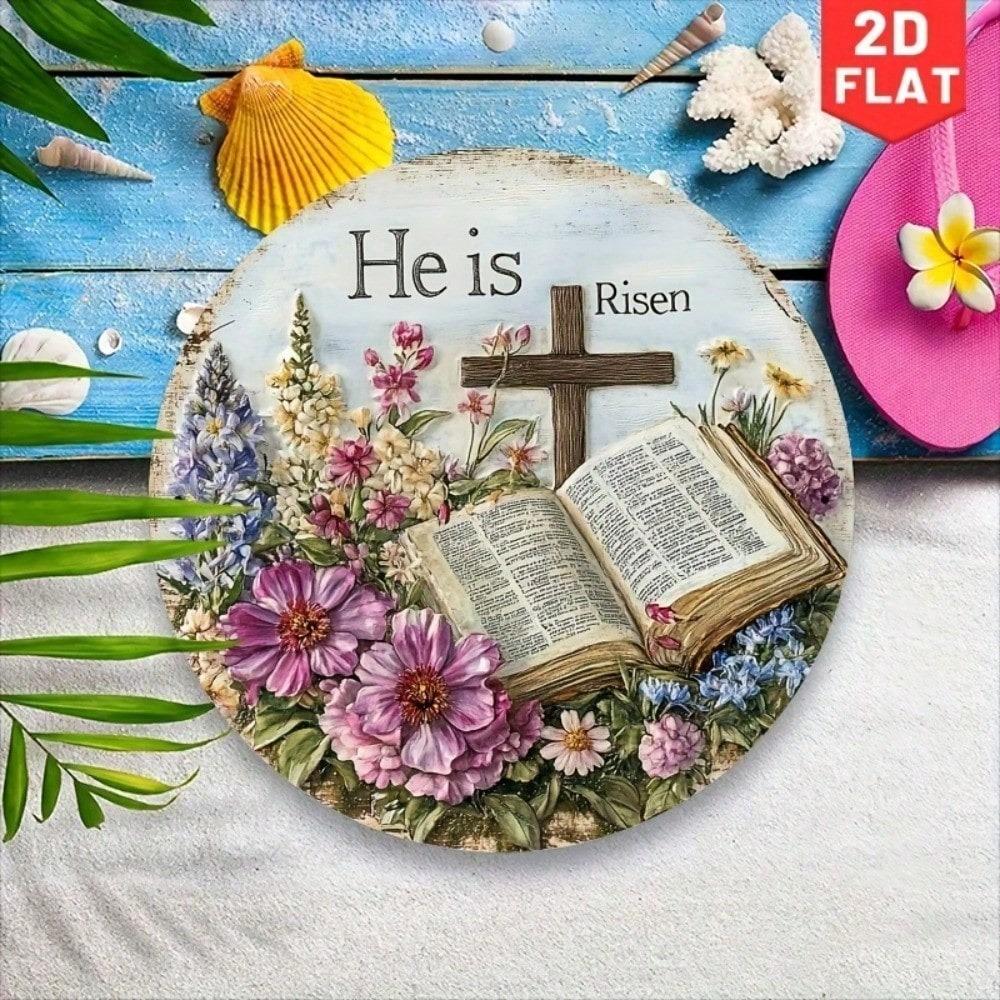 Easter Cross Metal Wall Art with Floral Wreath 8x8 Inch Decor