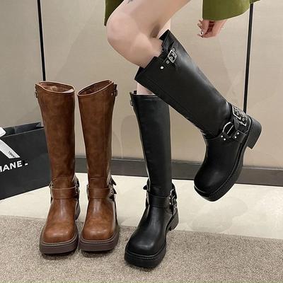 Kniehohe Stiefel Damenmode Slip on Damen Low Heel Ritterstiefel Neue Herbst Winter Damen Biker Booties Zapatos Mujer