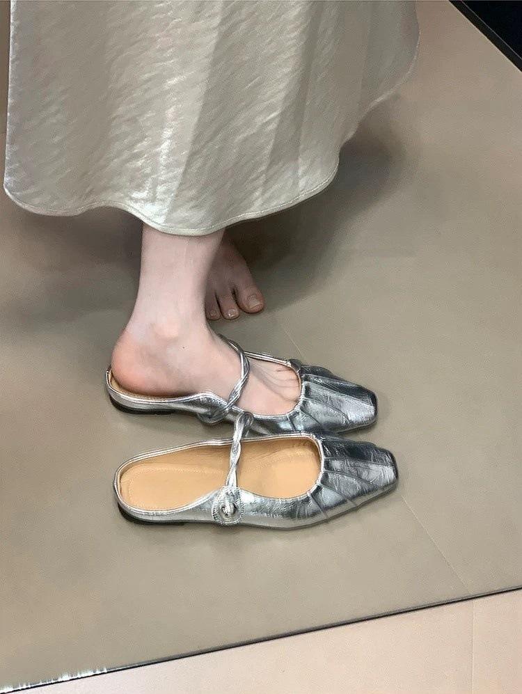 

Baotou half slippers women s outer wear pleated high-end Mary Jane shoes versatile cool slippers 40 срібний