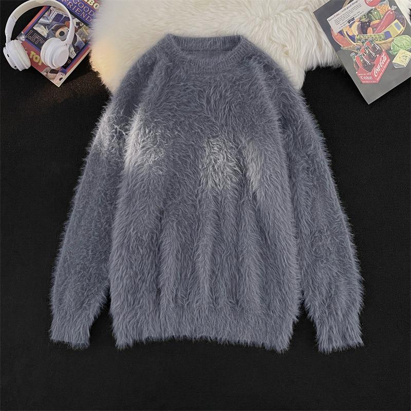 Men's Trendy Soft & Fluffy Knit Sweater - Solid Color, Lazy Style, Thickened for Autumn/Winter