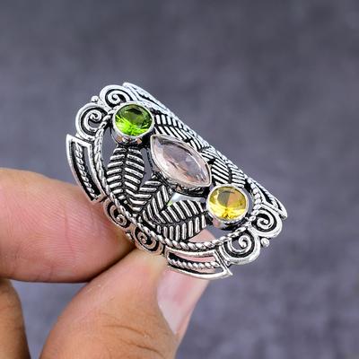 Natural Morganite,Citrine Gemstone Handmade 925 Sterling Silver Ring Size 9 L8B15
