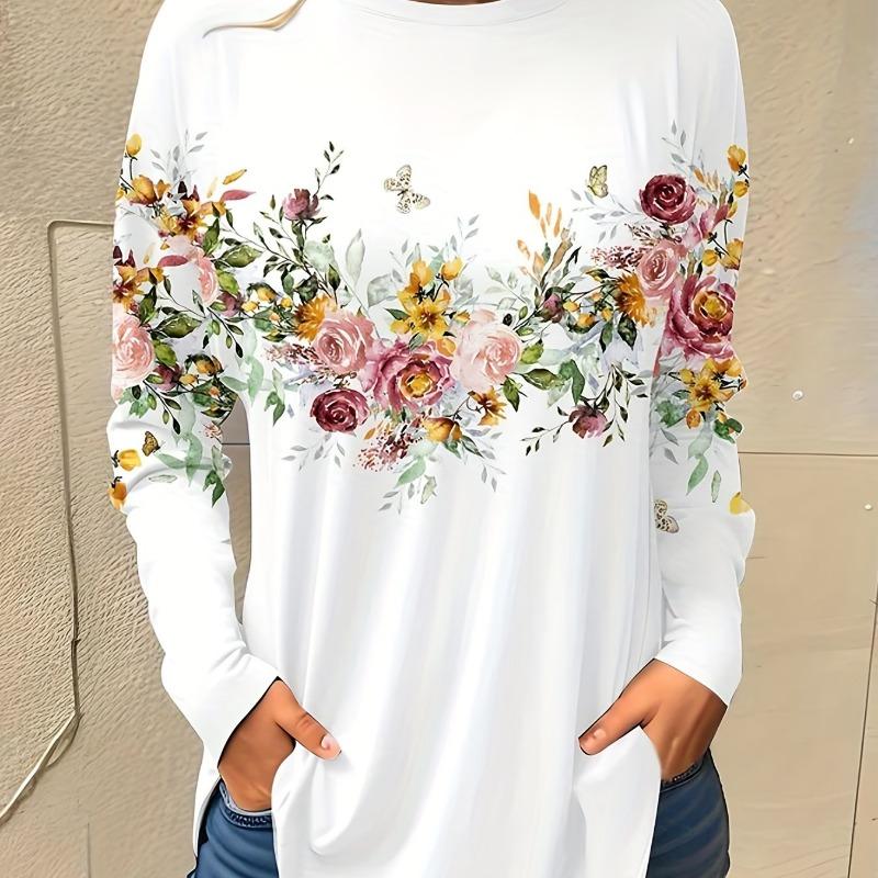 Fashion Women's Floral Graphic Elegant O-Neck Long Sleeve T-Shirt Y2K Casual Tops Womens Clothing Harajuku Pullover