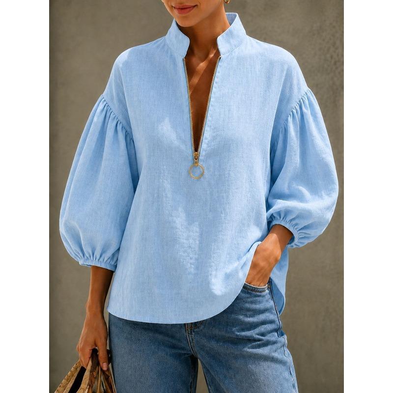 Women S V Neck Lantern Sleeve Loose Fit Solid Color Casual Shirt