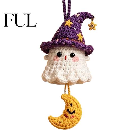 Hand Woven Ghost Decor Halloween Crochet Hanging Decoration, Handmade Ornament for Car Knitted Bag Charm Rearview Mirror, Knit Yarn Pendant