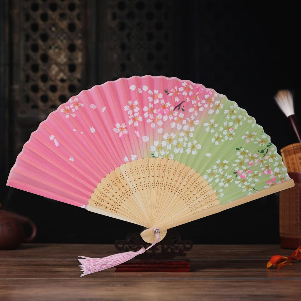 [boshiho] Stylish Japanese-style bamboo fan for men and women, made of silk, featuring beautiful floral, butterfly, and cherry blossom patterns.