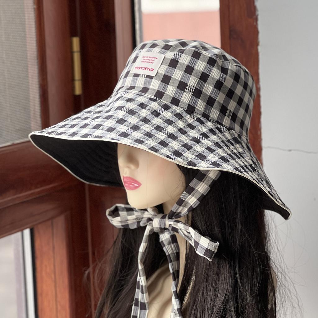 Casual bucket hat women can wear double-sided plaid versatile big eaves show face small sunshade sunscreen hat fashion basin hat