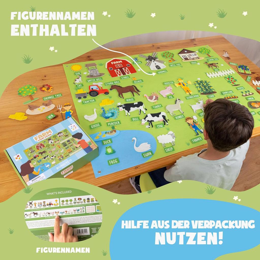 BONNYCO Felt Board with 92 Farm Animals Figures. Montessori Toys and Birthday Gifts for Children from 3 to 8 Years.  Farm Educational Games